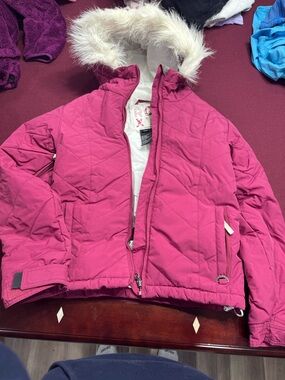 Roxy Girls' Fuchsia Quilted Puffer Jacket with Faux Fur Hood